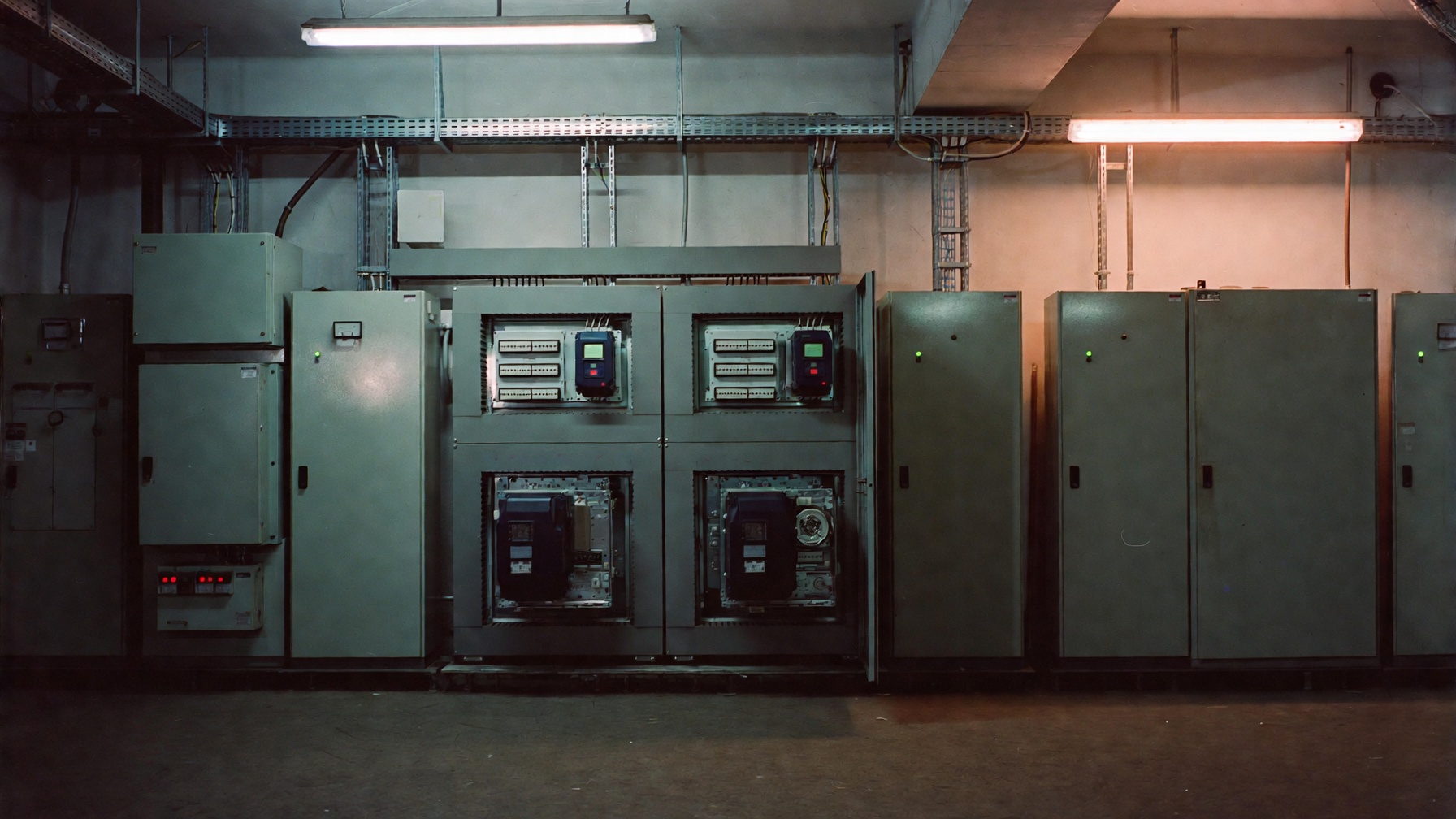 Industrial motor-control cabinets and variable-frequency drives in a shop electrical room.