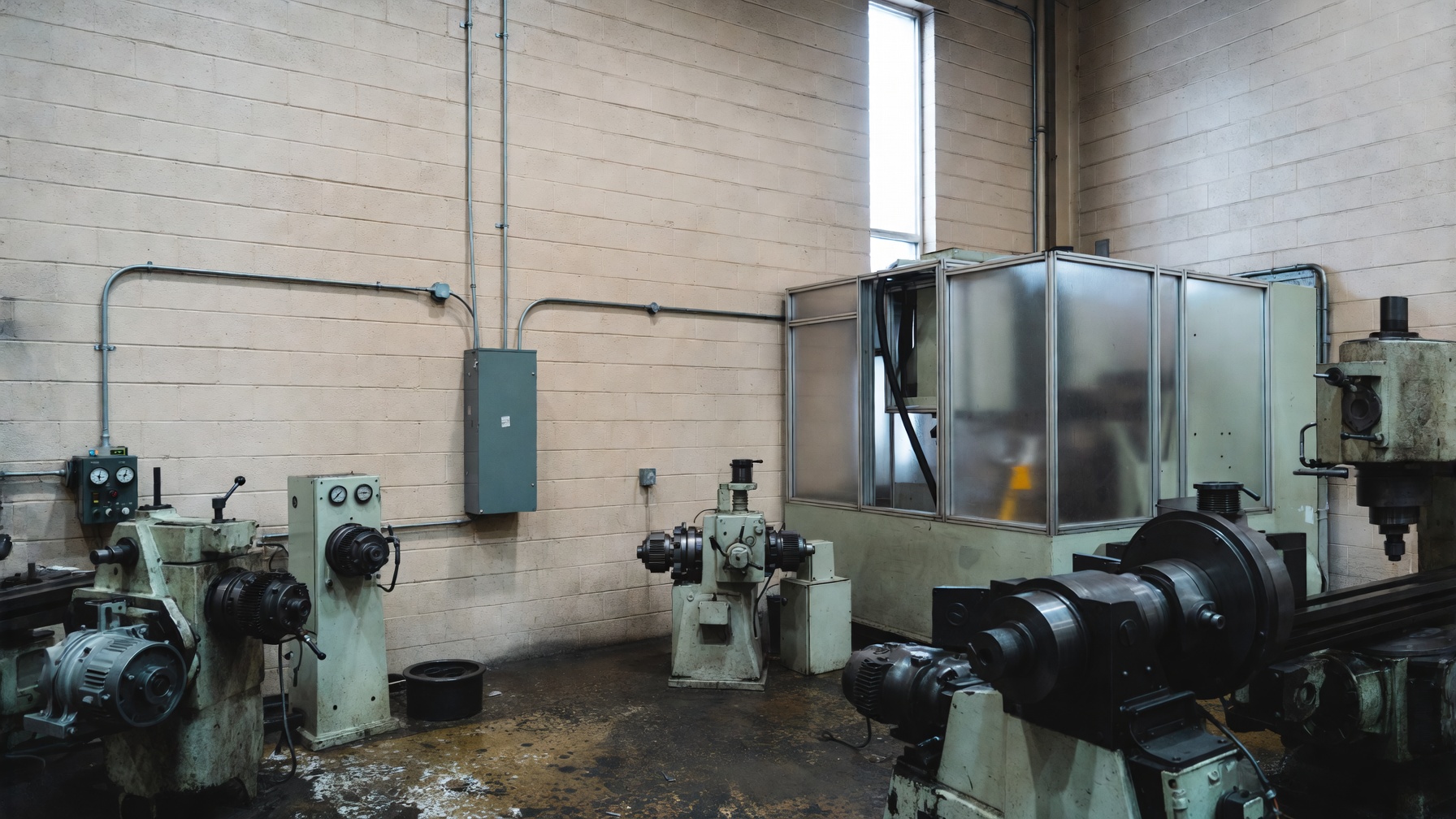 Machine shop floor with conduit and a wall-mounted electrical panel.